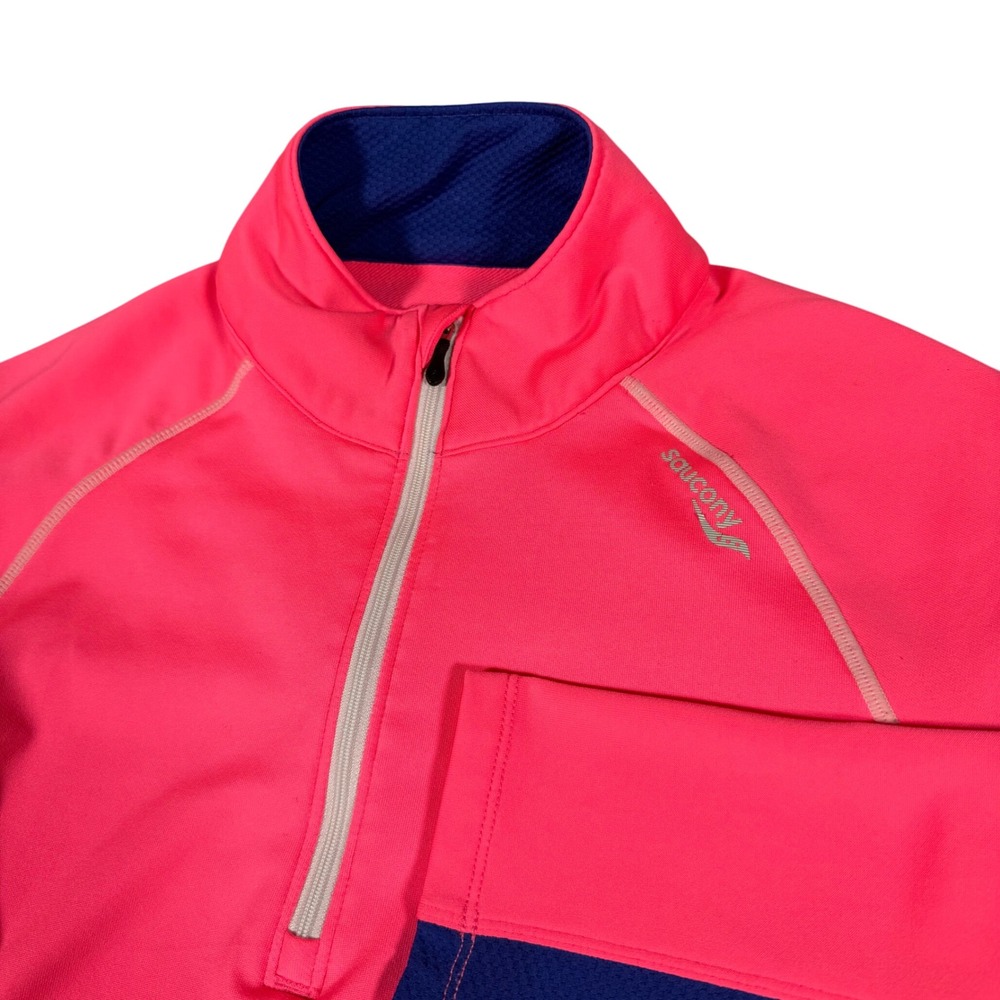 Saucony Womens M Pink Blue Quarter‎ Zip Running Pullover ViziPRO Thumbholes